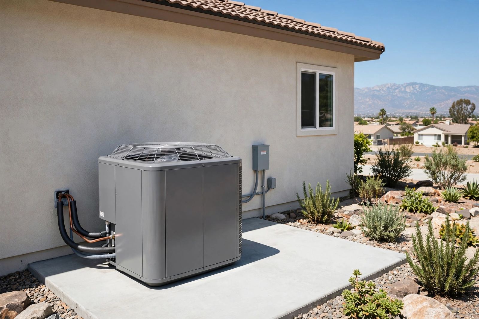 New air conditioning condenser installed beside a suburban home