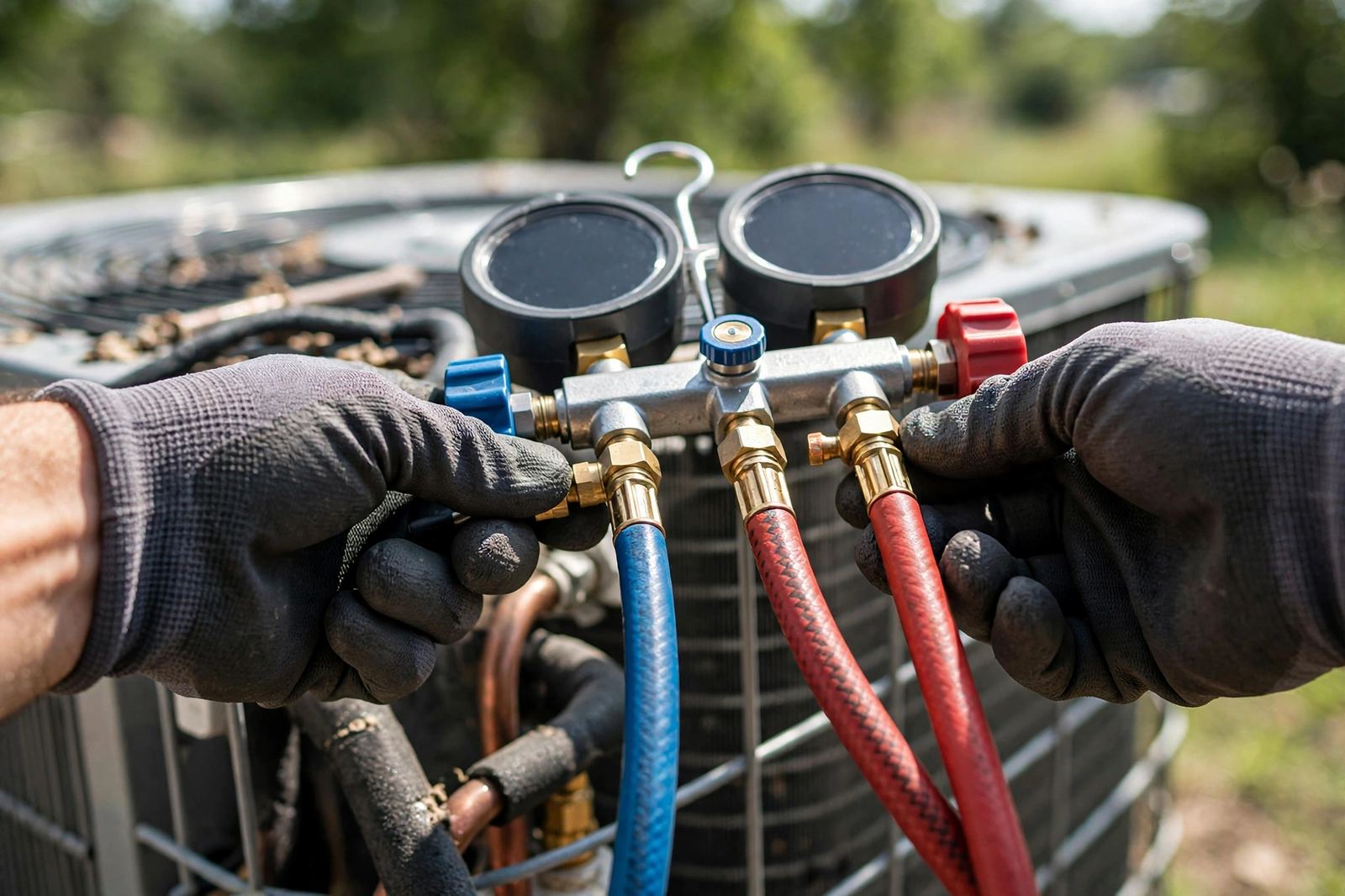Technician hands connecting manifold gauges to an outdoor unit